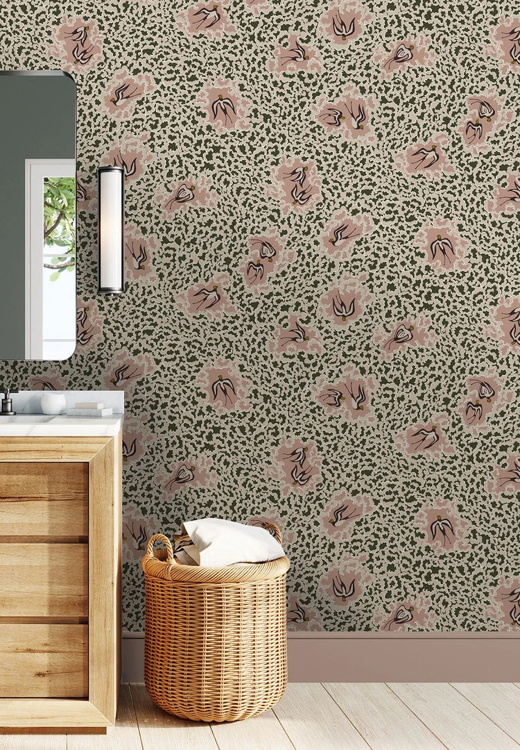 Josephine Munsey The Craftsman Bea's Swallows Wallpaper Chaingate Green & Ham Pink 3 Josephine Munsey The Craftsman Bea's Swallows Wallpaper Chaingate Green & Ham Pink