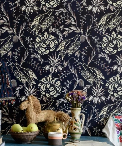 Mind The Gap Folk Embroidery Indigo Wallpaper Rose & Thorn