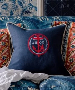 Mind The Gap Blue Skies Ahead Ahoy Linen Embroidered Cushion