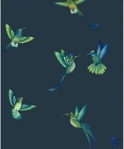 Brand Mckenzie Rose & Thorn Exotic Birds Wallpaper, Midnight Blue