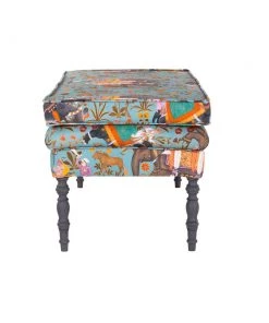 Mind The Gap MTG FURNITURE - EDWARD Ottoman Bench - HINDUSTAN AQUAMARINE LINEN Bohemian Dream