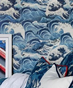 Mind The Gap Blue Skies Ahead Sea Waves, Taupe Wallpaper