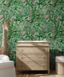 Brand Mckenzie Monkey Forest Wallpaper, Dark Green & Pink