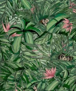 Brand Mckenzie Monkey Forest Wallpaper, Dark Green & Pink