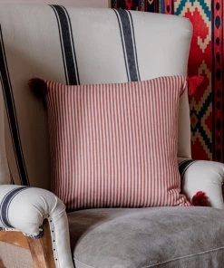 Mind The Gap Rhubarb Stripe Linen Cushion Blue Skies Ahead