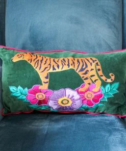 My Doris Wild Tiger Embroidered Green Velvet Cushion Cushions
