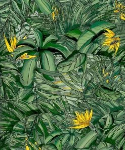 Brand Mckenzie Tropical Forest Wallpaper, Dark Green & Yellow Rose & Thorn